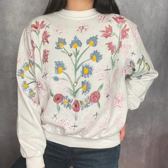 Vintage India Ink Floral Embellished Hand Painted Sweatshirt Womens Small - Picture 15 of 15
